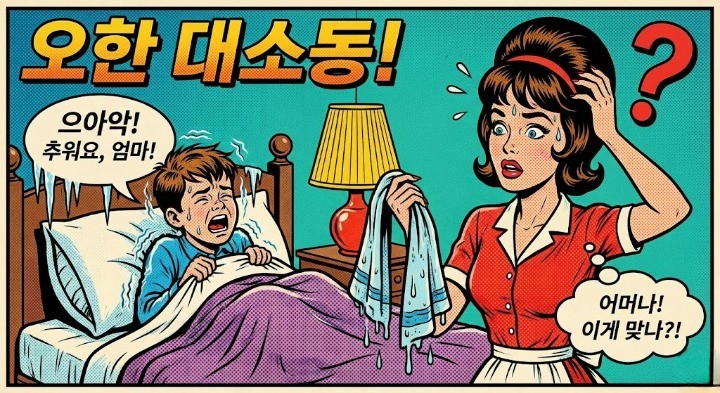 소아 발열시 엄마가 미온수마사지하다가 아이가 더 힘들어해서 놀라는 모습