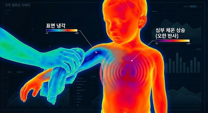 아이를 미온수마사지 해주는데 심부온도는 안내려고가고 오히려 열을 생산하는 모습