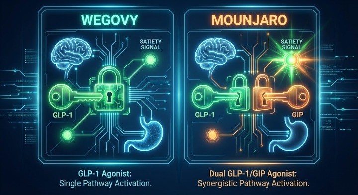 위고비와 마운자로의 기전을 비교하는 모식도 이미지