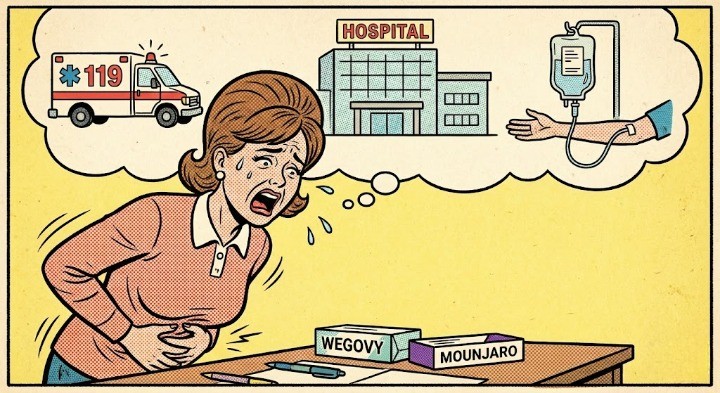 위고비나 마운자로를 맞고나서 심한 복통과 구토를 호소하는 모습의 이미지