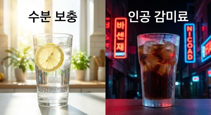 물은 수분보충, 음료수는 인공감미료라는 이미지