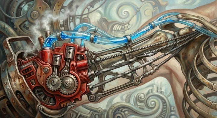 팔에있는 근육과 혈관을 기계에 비유하는 이미지