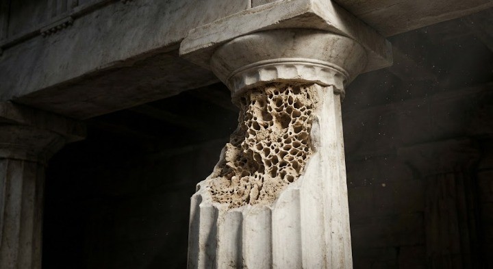 돌기둥의 속에 구멍이 송송뚫려있어 골다공증의 뼈를 비유해서 보여주는 이미지
