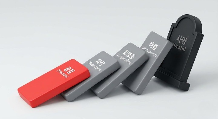 골다공증이 발생하면 도미노처럼 여러 합병증이 발생한다는 이미지