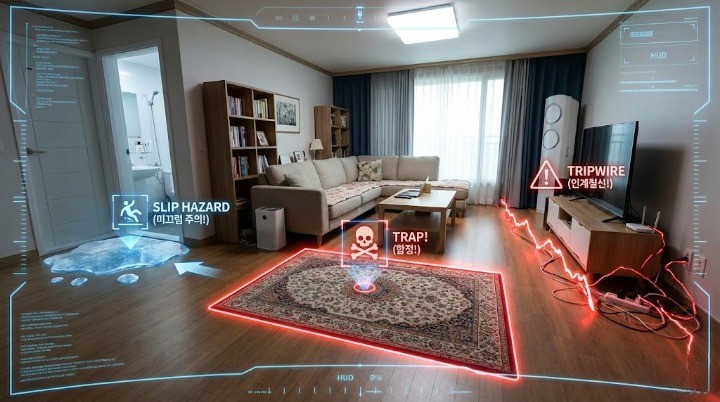 집안에 골다공증환자에게 곳곳에 위험이 도사린다는 이미지