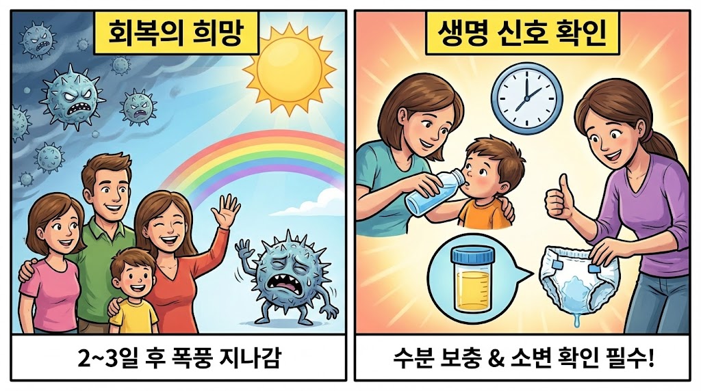 노로바이러스의 회복되는 신호를 보여주는 2컷만화