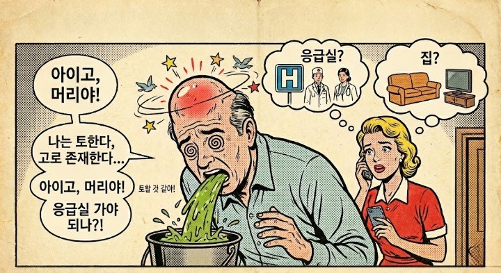 머리에 큰 혹이 날정도로 다쳤는데 구토가지하는 남자. 그리고 응급실로 갈지말지 고민하는 이미지