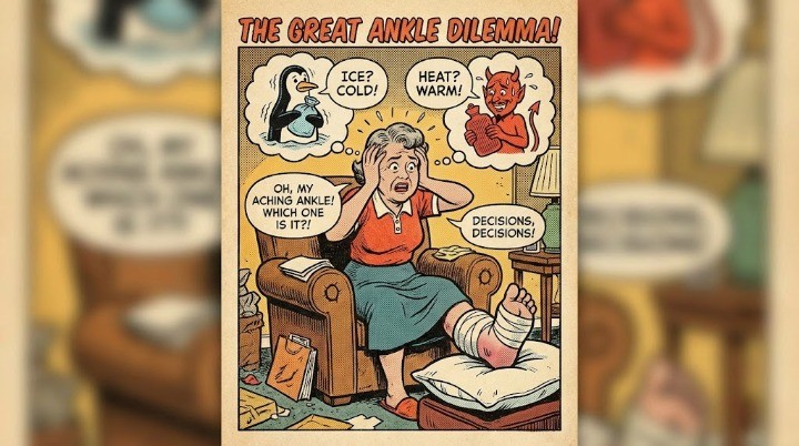 중년의 아줌마가 발목염좌에 대해서 냉찜질을할지 온찜질을 할지 고민하는 이미지