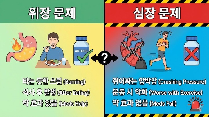 심근경색대 소화불량의 차이를 보여주는 만화이미지