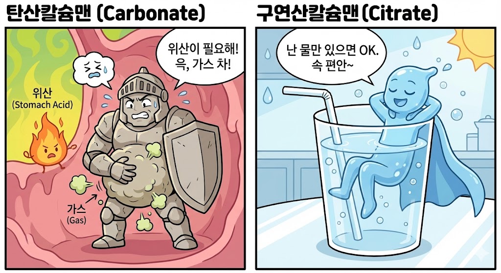 칼슘제의 종류를 비교하는 두컷만화이미지