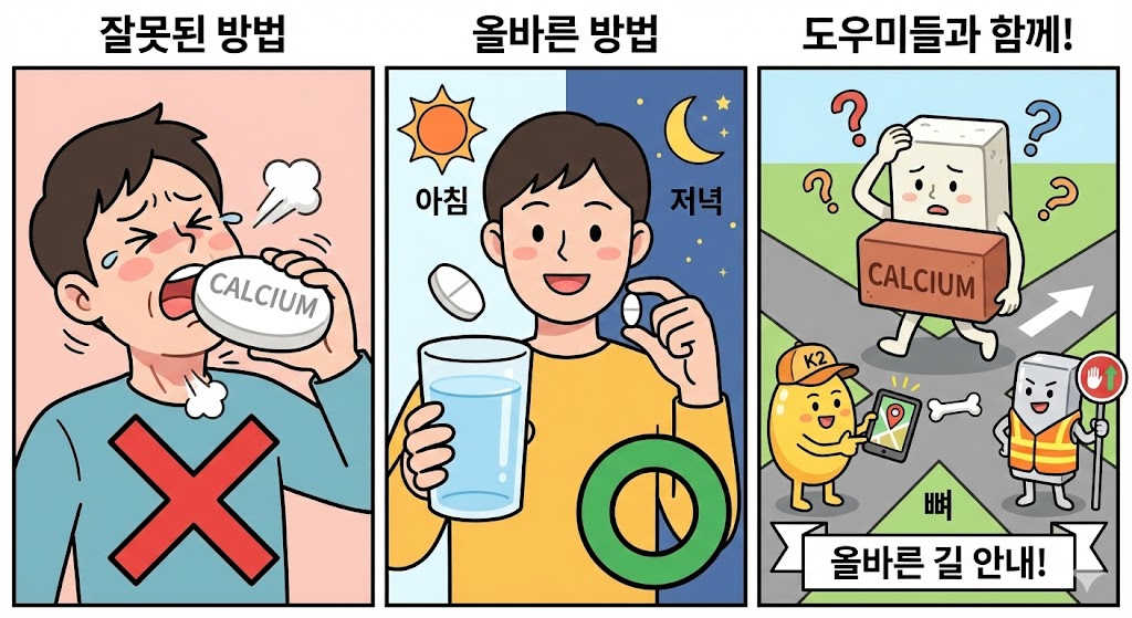 칼슘제와 비타민D를 올바르게 먹는 방법을 보여주는 세컷만화