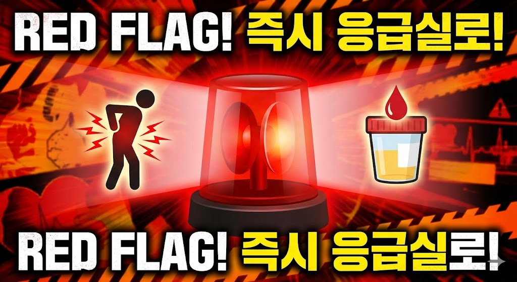 옆구리가 아프고 혈뇨가 나오면 응급상황임을 보여주는 이미지
