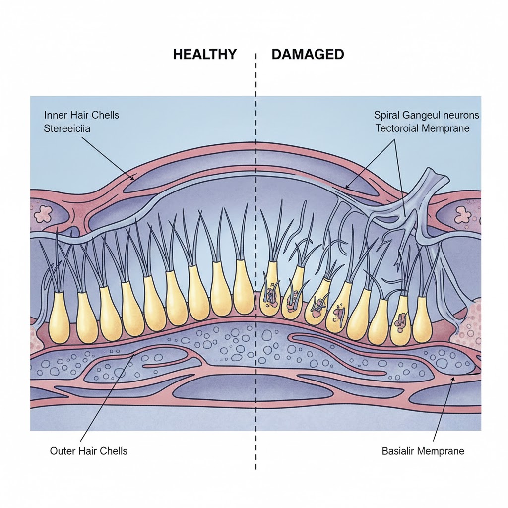 귀안의 달팽이관 안의 섬모를 나타내는 이미지